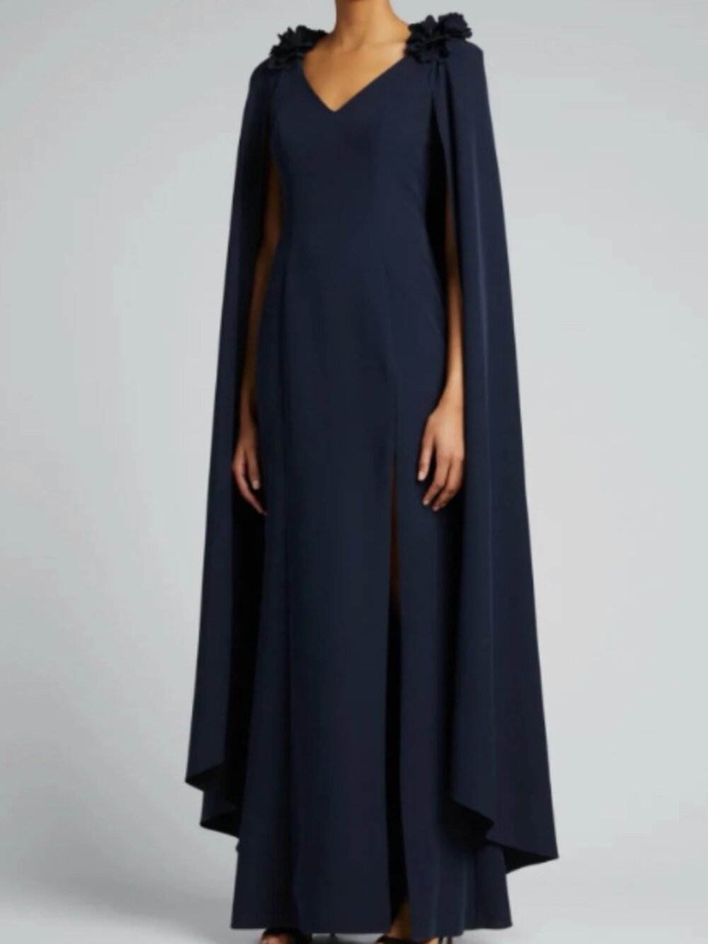 NEW Marchesa Notte Cape Effect Floral-Appliquéd Cady Gown Navy Blue Size 4